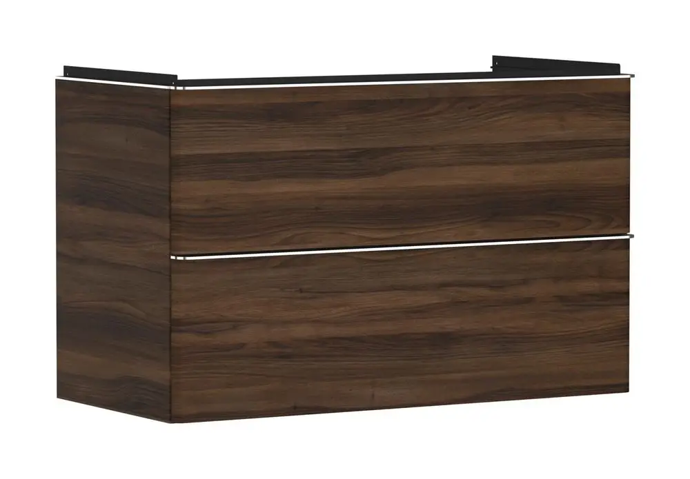 Hansgrohe Waschtischunterschrank in dunkler Holzoptik mit zwei Schubkästen, geeignet für die Montage unter einem Waschtisch.